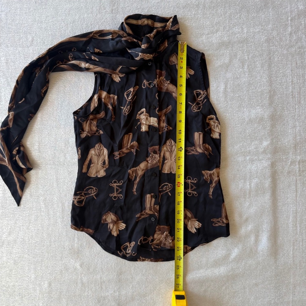 Lauren Ralph Lauren Black Silk Equestrian Horse Print Tie Neck Sleeveless Blouse - Picture 7 of 15